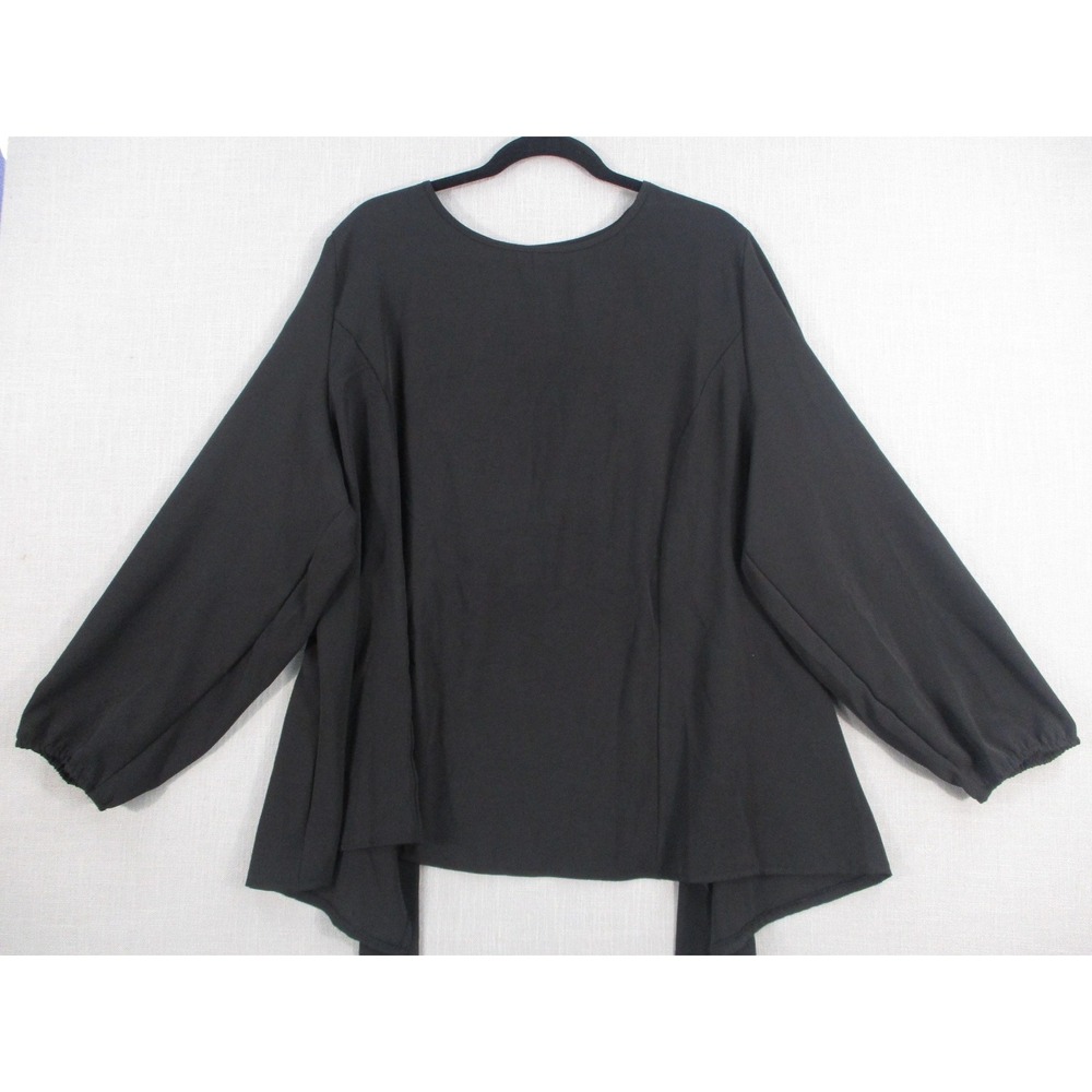 Black Open Back Tie Waist Blouse 4XL Long Sleeve Balloon Sleeve Top